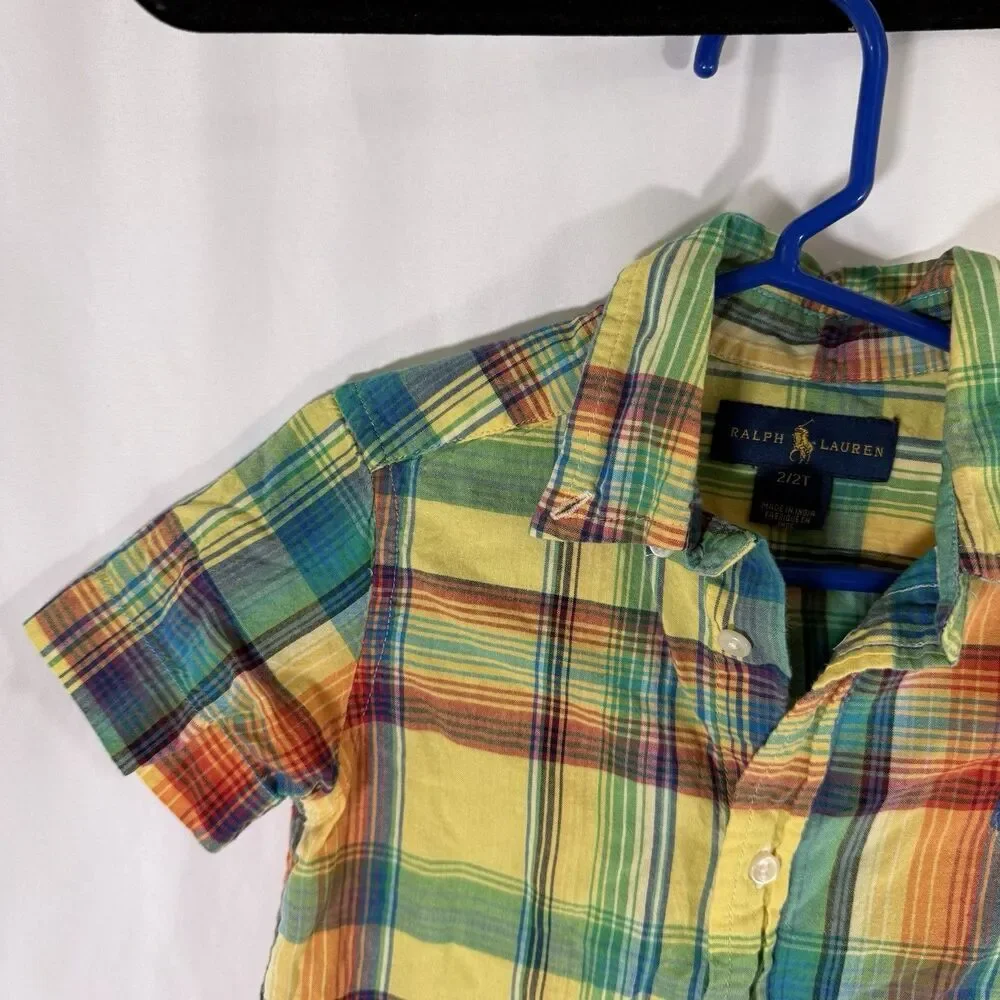 Ralph Lauren Button Up Shirt Boys 2T Yellow Plaid Short Sleeve Collared